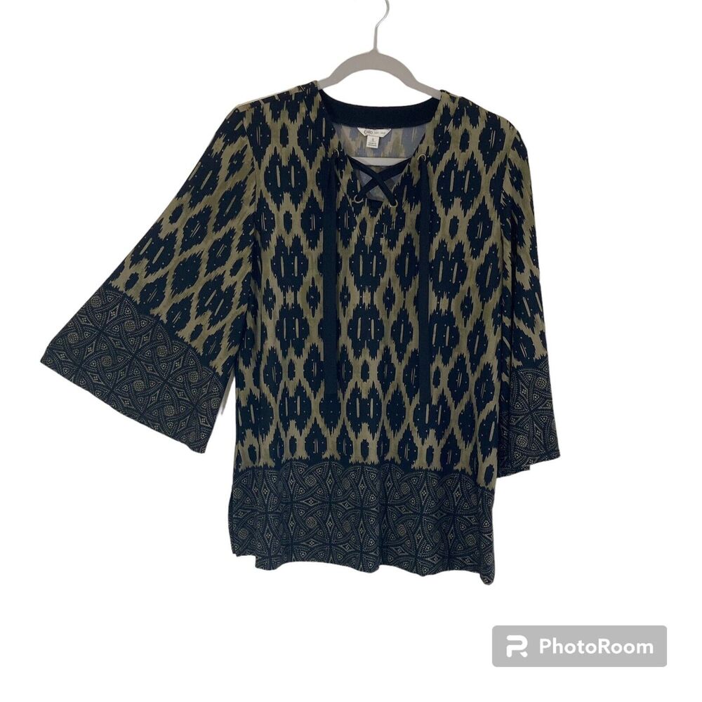 Cato Est 1946 Womens Blouse Top S Geometric Green Black Flare Slv Career Party